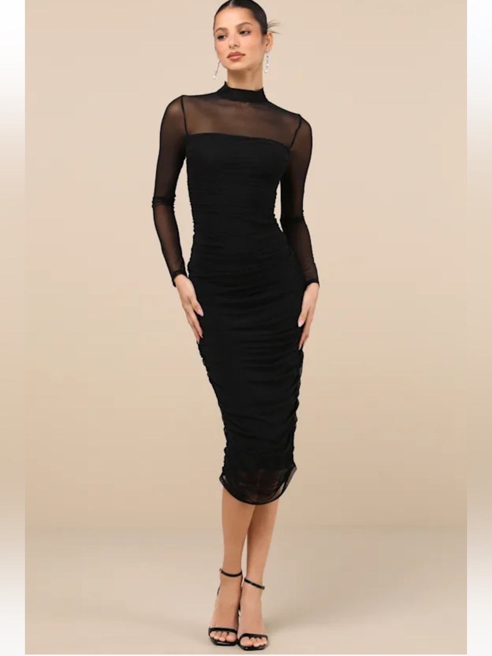 Lulus Impressive Flirt Black Mesh Ruched Mock Neck Midi Dress NWT Size Medium